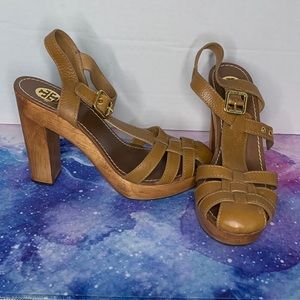 Tory Burch River Fisherman Sandal Royal Tan Womens 9 Leather Wood Platform Heels